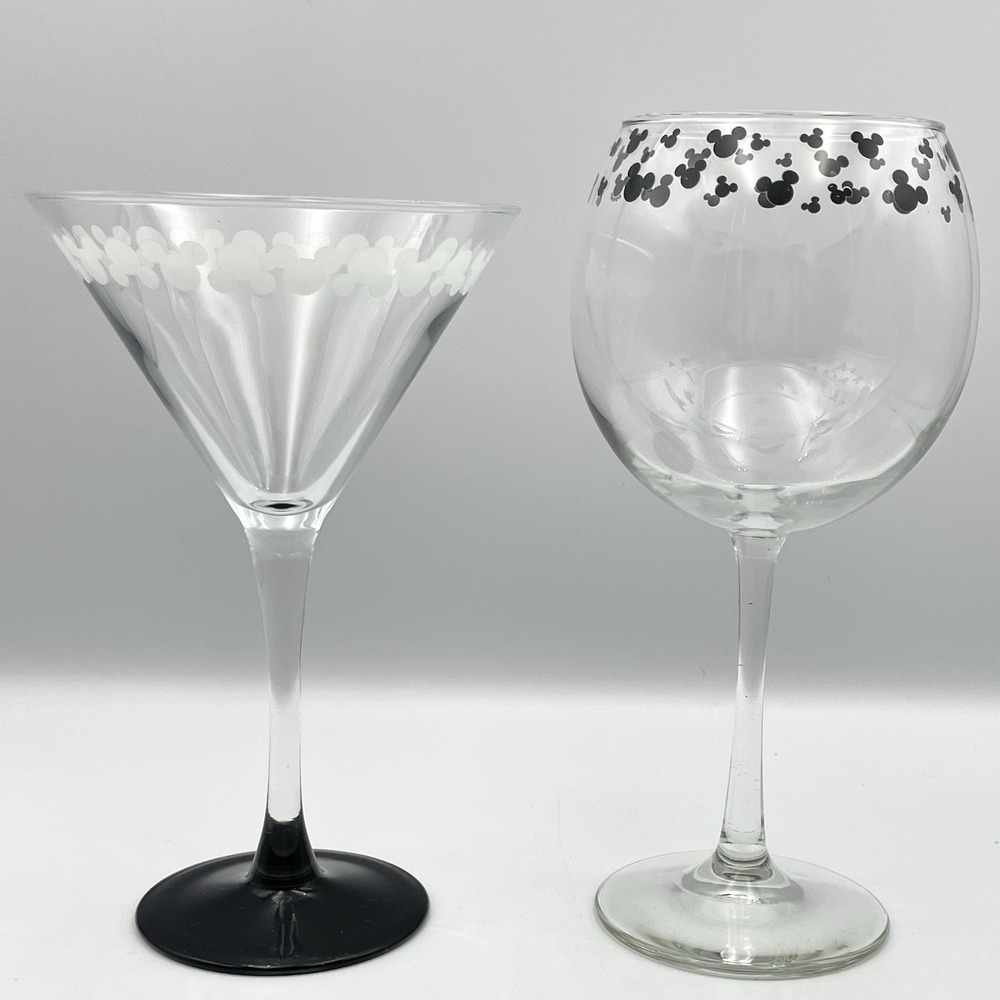 Disney Parks Mickey Mouse Martini & Wine Glass Set 2 Black White Stemware